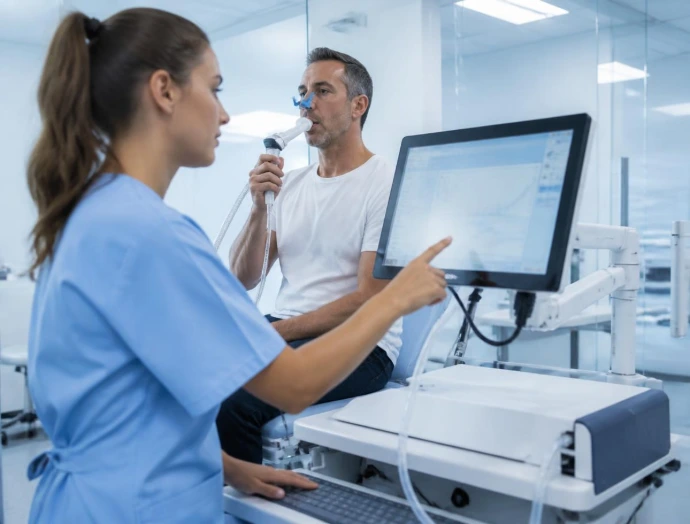 Profesional sanitaria realizando una prueba de función respiratoria